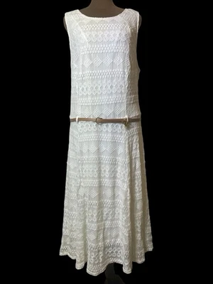 Vestido Sharagano Para Mujer Talla 16 Blanco Texturizado Encaje Sin Mangas Marrón Cinturón Boho Foto 1 de 4