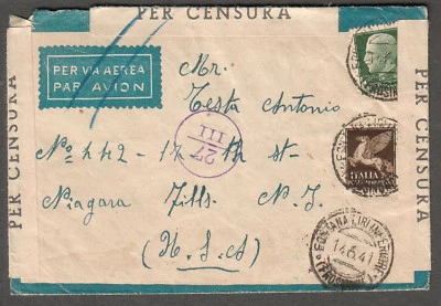 Italy June 1941 WWII censors cover Fontana Liri Inferiore to Niagara Falls NY - Image 1 of 2