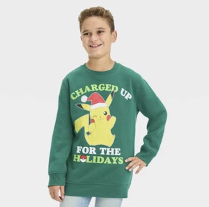 Boys' Pokemon Pikachu Holiday Pullover Sweatshirt - Green - Picture 1 of 2