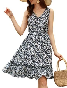 Women Summer Floral Casual Mini Button Down Sleeveless Flare Ruffle Dress Bea... - Picture 1 of 6