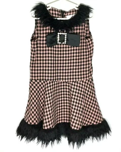 Greggy Girl Fit & Flare Dress 6X Pink Black Gingham Faux Fur Bow Rhinestones - Picture 1 of 10