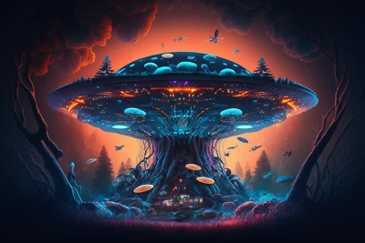 Tapiz UV extraterrestre OVNI, tapiz psicodélico reactivo a la luz negra, arte trippy Foto 1 de 4