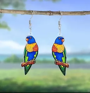 One Pair Acrylic Rainbow Lorikeei Australia Parrot Bird Drop Earrings Gift Idea - Picture 1 of 2