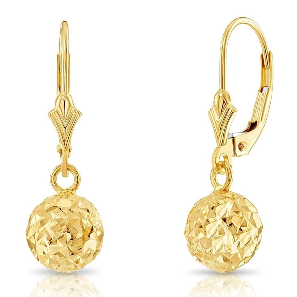 Pendientes colgantes de cuentas de bola de corte de diamante grabados a mano de oro macizo de 14K Leverbac Foto 1 de 4