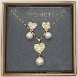 Monet Designer Rhinestone & Pearl Gold Tone Heart Necklace & Earring SET - Picture 1 of 2