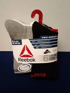 Reebok Boys Crew Socks Pro-Series 6 Pair Size Small 6-10.5 Black, White, Gray - Picture 1 of 9