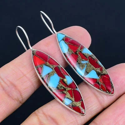 Spiny Oyster 925 Silver Plated Handmade Earrings of 2.21" - Image 1 of 3