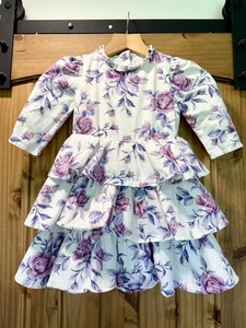 Janie And Jack Girls Floral Tiered Ruffle Cotton Dress Purple White Rose Flower - Picture 1 of 7