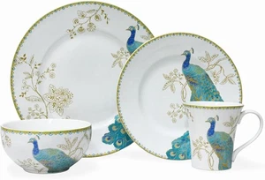 222 Fifth Majestic Pfau Blau & Gold 16 Stück Porzellan Geschirr Set für 4 - Bild 1 von 11
