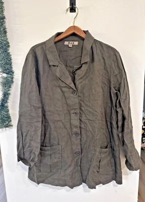 FLAX 100% Linen Blazer Jacket Relaxed Fit Womens Size Medium Olive Green Boho - Image 1 of 4