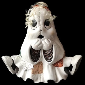 Vintage 1980's Ceramic Ghost Handpainted Quilted Patchwork Girl Hair Halloween - Picture 1 of 9