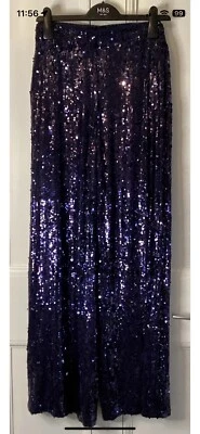 Marks and Spencer Sequin Wide Leg Trousers 18 Short Blue Elasticated Waist Bnwt - Image 1 of 4