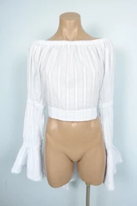 One Teaspoon Womens Blouse XS Extra Small AU 6 White Crop Top Boho Flared Cuffs - Picture 1 of 17