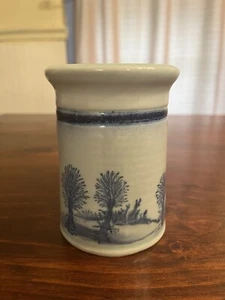 Old World Pottery Vase Crock Blue Accent Trees Cherryfield Maine Artist Signed - Picture 1 of 11