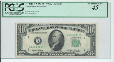 1950 $10 FRN RARE Wide Star * Boston Federal Reserve Note PCGS 45 CH Xtreme Fine - Image 1 of 3