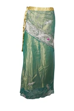 Boho Chic Green Sequin Embroidered 2 Layer Lightweight Wrap Around Long Skirts