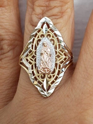 Long solid 14k gold virgin Mary guadalupe Ring Size 5 6 8 9 10 diamond cut  - Image 1 of 4