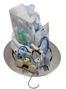 Windeltorte mit Baby Schutzengel Stoffwindeln Motorikspiel Rassel uvm blau - Bild 1 von 11