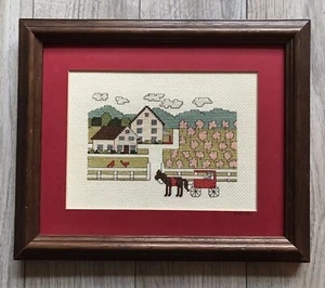 Vintage 1984 Amish Farmhouse Horse Buggy Farm 12 x 10 Framed Cross Stitch - Picture 1 of 9