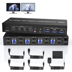 4K 60Hz KVM Switch Dual Monitor HDMI+DP 4 PC USB 3.0 Audio Mikrofon Ausgang - Bild 1 von 8