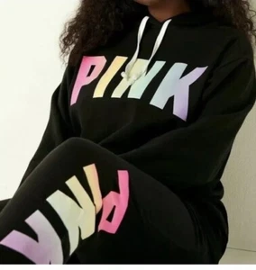 Victoria's Secret Pink Ombre Rainbow Campus Hoodie + Jogger Pants Set Black XL - Bild 1 von 11