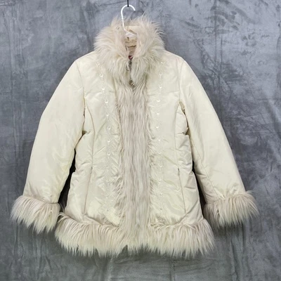 Vtg Y2K Guess Size M Penny Lane Coat Embroidered Down Feather Faux Fur Nylon Zip - Image 1 of 4