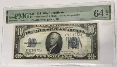 1934 $10 Silver Certificate PMG 64 CU Uncirculated EPQ Fr#1701m AA Block Mule - Image 1 of 2