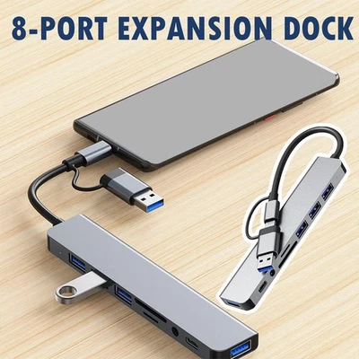 1 to 8 TYPe-C/USB HUB 8-port Expansion Dock Splitter Reade Multi-function C4J9 - Image 1 of 4