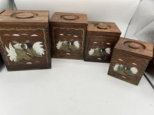 MCM Wooden Nesting Chicken Rooster Canister Set Tilso Japan Set Of 4 Boxes - Picture 1 of 7