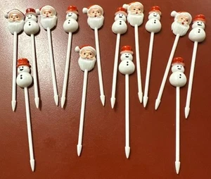 Vintage Christmas Cake Toppers Picks Plastic Cupcake Picks Santa & ⛄️ 14 PCs - Picture 1 of 6