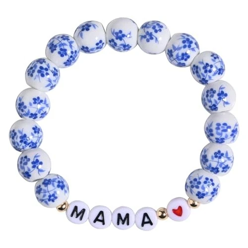 Pulseira de porcelana azul e branca para mamãe B- mamãe azul 10mm - coração de amor vermelho - Imagem 1 de 4
