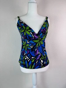 Longitude women's medium green blue floral tankini swim top sewn in bra cups - Picture 1 of 7