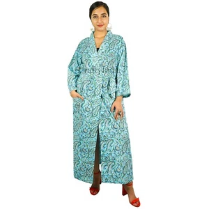 Blue Cotton Robes Kimono Robe Indian Floral Block Print Bath Robe Dressing Gown - Picture 1 of 8