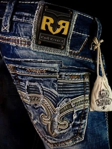 $220 Mens Rock Revival Jeans "Duke" Leather Inserts Straight 32 X 31 - Picture 1 of 13