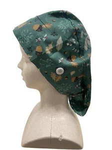 Scrub Cap Hat Women Green Acorn Nurse Ribbon Tie NEW - Picture 1 of 2