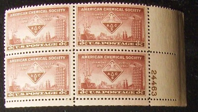 US 3¢ stamp SC #1002 American Chemical Society MNH 1951 plate block - Image 1 of 2