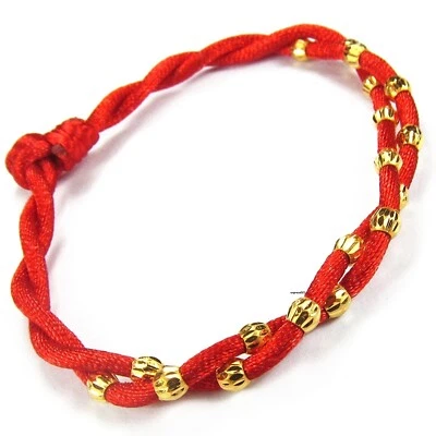 Pure 999 24k Yellow Gold Bead Lucky Red Cord Braided Twist Rope Bracelet 0.9-1g - Image 1 of 4
