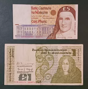 Lot of Two Irish Banknotes Pre-Euro 1 & 5 Pounds - Picture 1 of 6