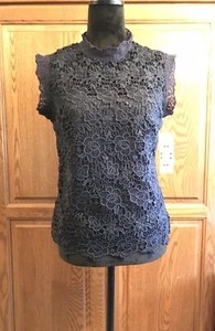 NEW NANETTE LEPORE Navy SMALL Sleevless Full Zip Back Lace Shell Top SHIRT $98 - Picture 1 of 8