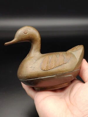 Antique Chinese Hong Kong Pewter Sculpture Brass Gilt Duck Statue Tea Caddy Box - Image 1 of 4