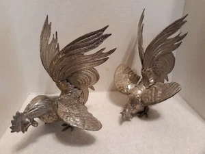 Spelter Pair of Art Rooster Sculptures - Picture 1 of 7