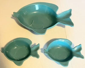 Set Of 3 Summer Stoneware Teal Colored Fish Chip And Dip Bowls - Picture 1 of 16
