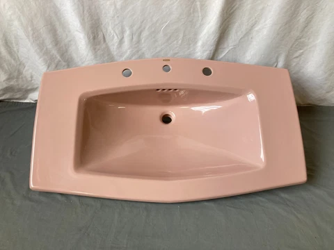Vtg Ceramic Wild Rose Pink 38x22 Self Rimming Drop In Sink NOS La Gran 320-23E Cover