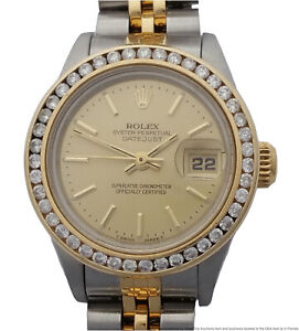Rolex Datejust 18k Gold SS Diamond Bezel Ladies Running Wrist Watch 