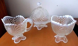 VTG Dugan Beaded Shell White Opalescent Mosser Covered Butter, Creamer & Sugar - Picture 1 of 12