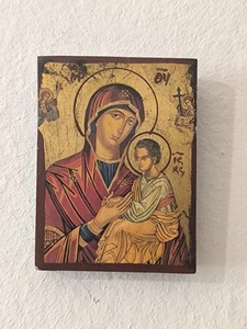 Icona Sacra Madonna Con Bambino lavorata a mano Immagine sacra su legno - Foto 1 di 6