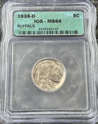 1938-D MS66 ICG Buffalo Nickel Nice PQ White High Grade Original - Image 1 of 2