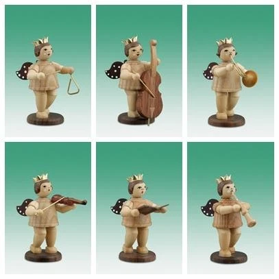 Holzfigur Musikantenengel 6tlg. mit Krone natur Höhe 6cm NEU Holzengel Cherub  - Bild 1 von 1