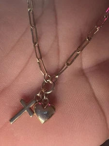 10k Yellow Gold Paperclip Bracelet Heart & Cross Charm Puffy 3D 7 1/2 Adjustable - Picture 1 of 13