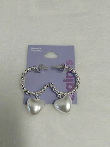 Claire's Sensitive Solutions Silver Tone Hoop Post Earrings W/Dangling Heart - Picture 1 of 3